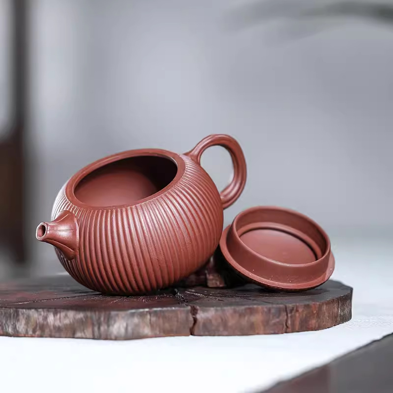 宜興原礦紫砂手工紫紅泥筋紋西施260毫升手工雙層蓋