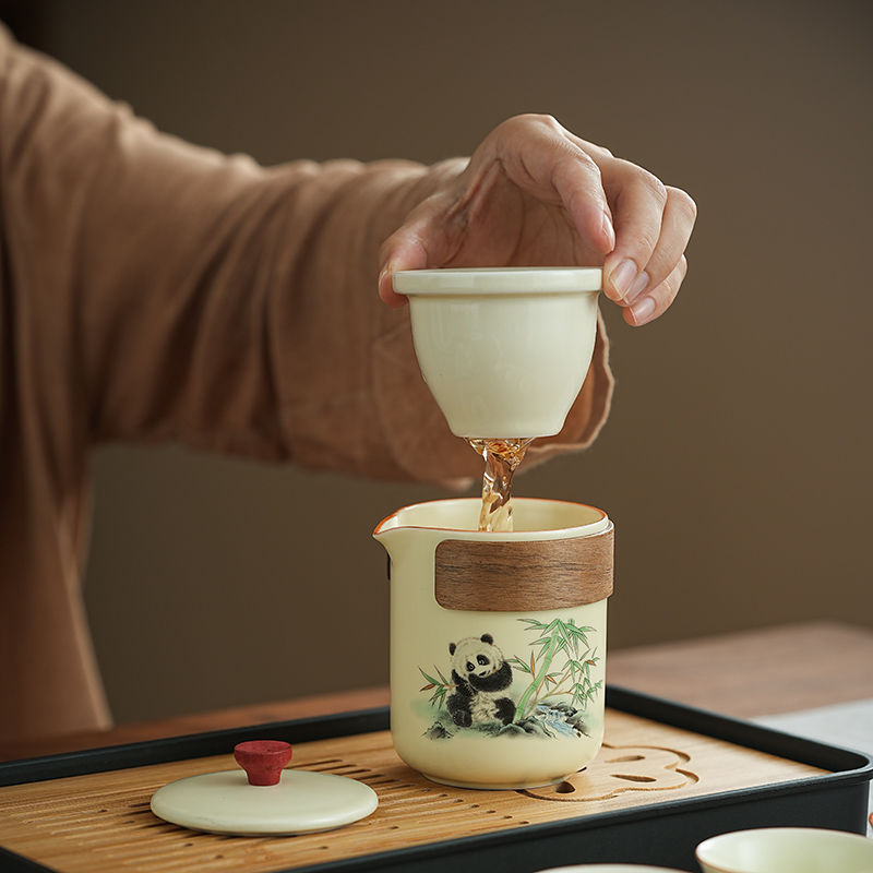 古樸禪意【熊貓黃玉汝窯】便攜式戶外旅行茶具 商務 禮盒 家用 品味百態人生！